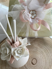 Bomboniera profumatore in porcellana completo di scatola regalo, bottiglietta profumo, bastoncini e confezione dei confetti.

Dimensione: dm 6 x h cm 10 esclusi i bastoncini.

Bomboniera per varie cerimonie: battesimo, comunione, cresima, anniversario di matrimonio, matrimonio, articolo da regalo.

NOTA: è possibile modificare il colore della confezione di confetti in base al Dress-Code dell'evento.