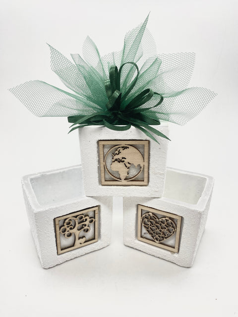 Bomboniera vasetto portapiante in terracotta con inserto in legno completo di confezione di confetti nella versione verde, bigliettino stampato e scatola.
Dimensione: cm 7 x cm 7 x h cm 8.
Portapiante come bomboniera/bomboniere per il battesimo, comunione, cresima e matrimonio.
Vasetto portapiante che può essere utilizzato anche come svuotatasche, portapenne, portacandele.
Bomboniera utile, trend.
Il prezzo si riferisce al singolo portapiante.
La vendita è assortita nei 3 modelli.